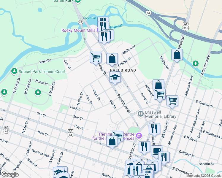 map of restaurants, bars, coffee shops, grocery stores, and more near 721 Mill Street in Rocky Mount