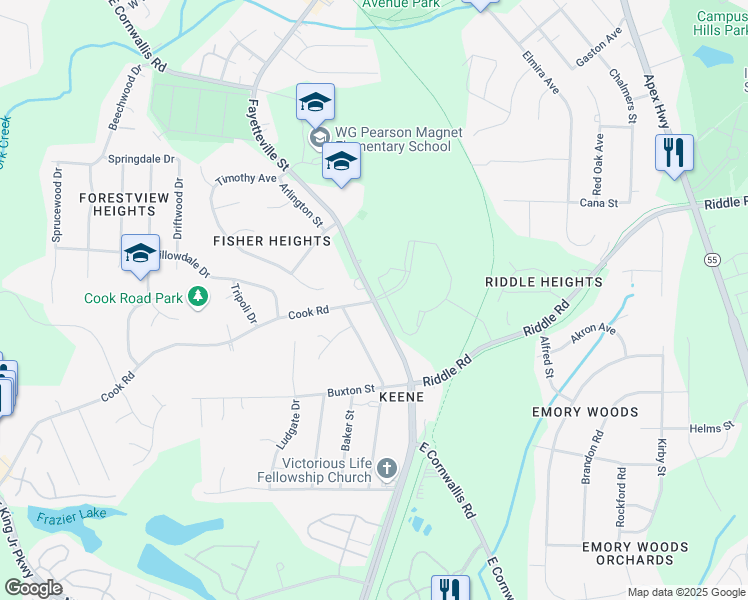 map of restaurants, bars, coffee shops, grocery stores, and more near 3727 Fayetteville Street in Durham