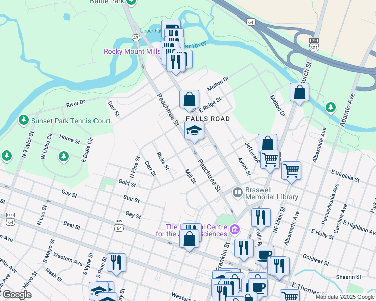 map of restaurants, bars, coffee shops, grocery stores, and more near 721 Mill Street in Rocky Mount