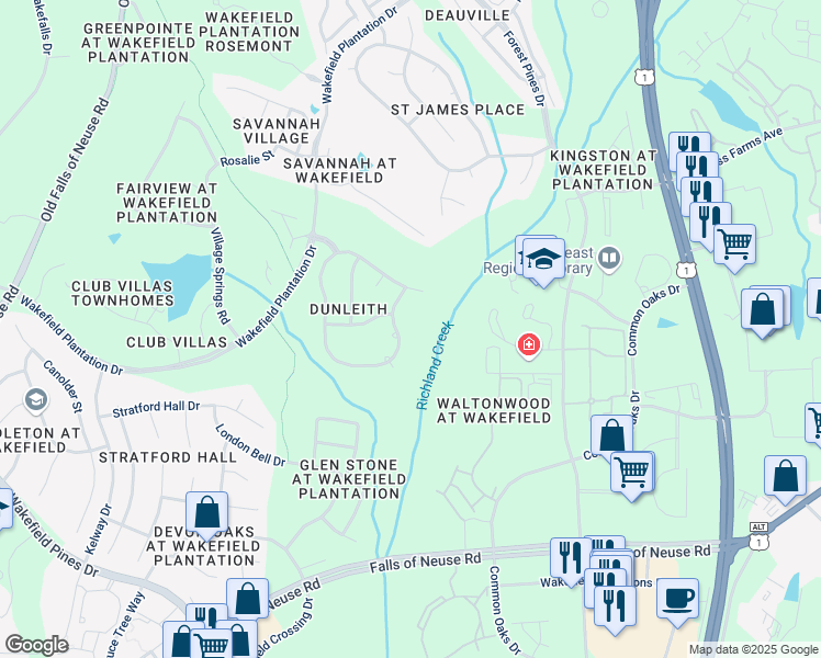 map of restaurants, bars, coffee shops, grocery stores, and more near 12341 Richmond Run Drive in Raleigh