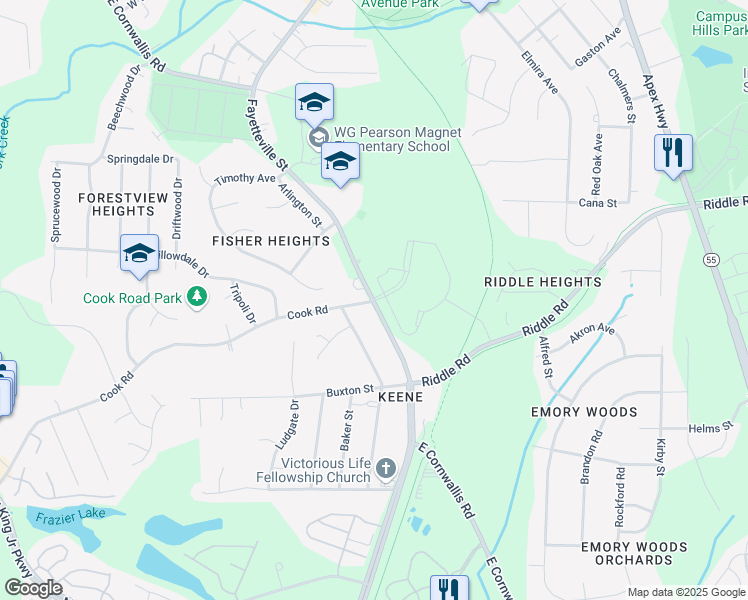 map of restaurants, bars, coffee shops, grocery stores, and more near 3809 Booker Avenue in Durham