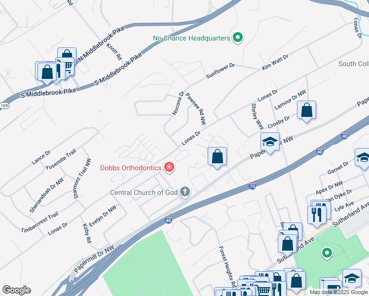 map of restaurants, bars, coffee shops, grocery stores, and more near 1635 Chenoweth Circle in Knoxville