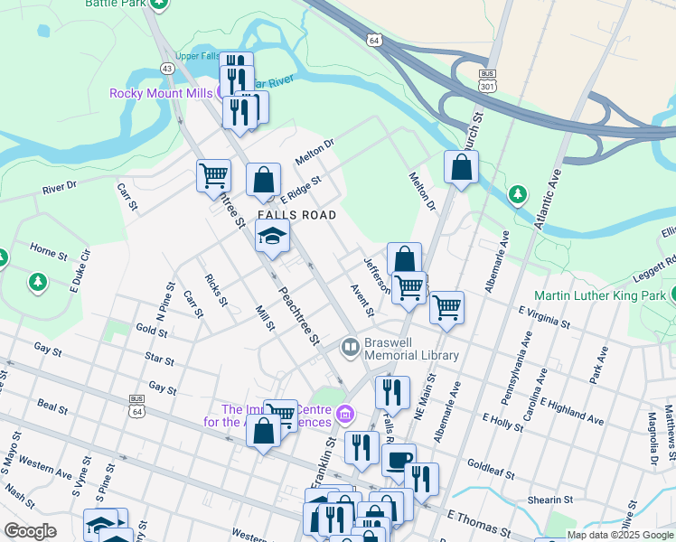 map of restaurants, bars, coffee shops, grocery stores, and more near 122 Braswell Street in Rocky Mount