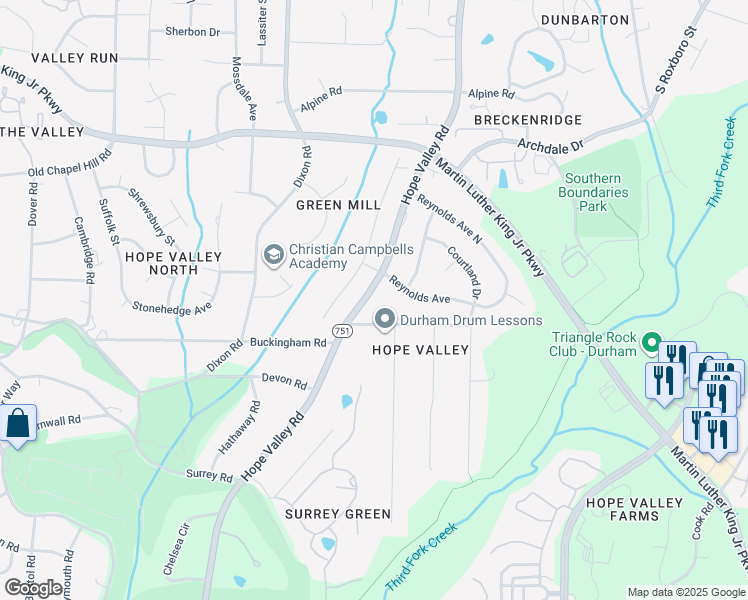 map of restaurants, bars, coffee shops, grocery stores, and more near 3485 Hope Valley Road in Durham