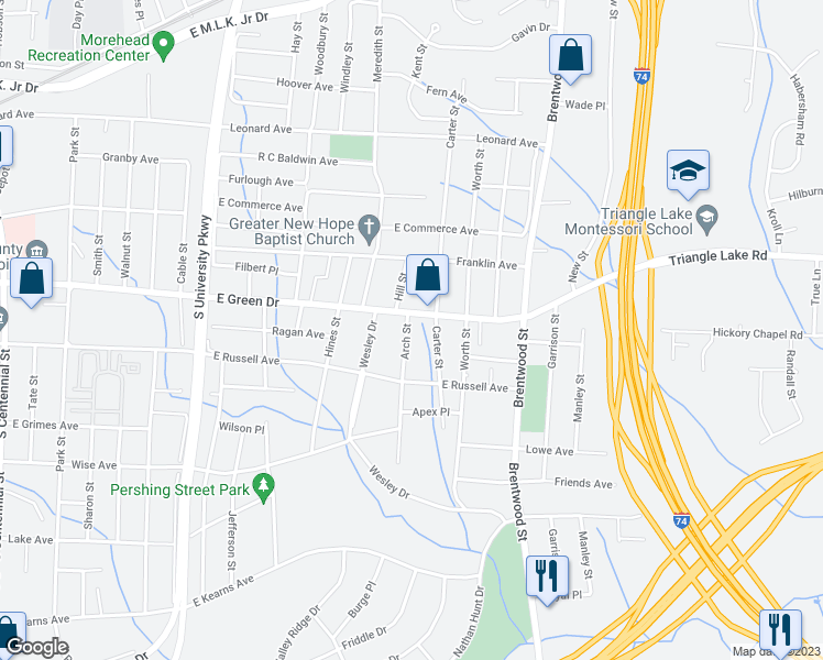 map of restaurants, bars, coffee shops, grocery stores, and more near 607 Arch Street in High Point