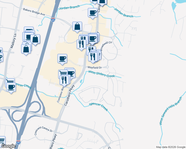 map of restaurants, bars, coffee shops, grocery stores, and more near 8105 Crowne Brook Circle in Franklin
