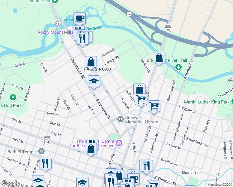 map of restaurants, bars, coffee shops, grocery stores, and more near 122 Braswell Street in Rocky Mount