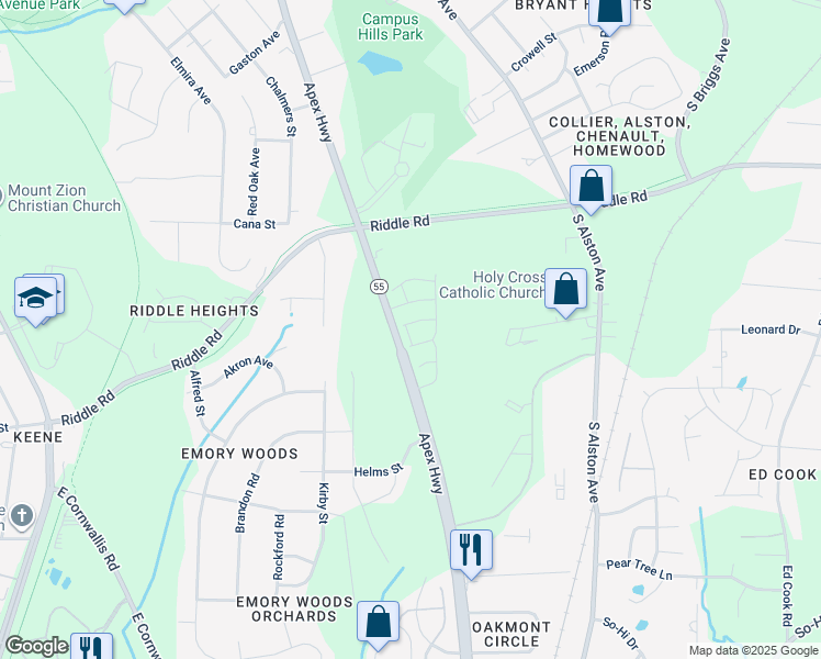 map of restaurants, bars, coffee shops, grocery stores, and more near 1029 Navigon Drive in Durham