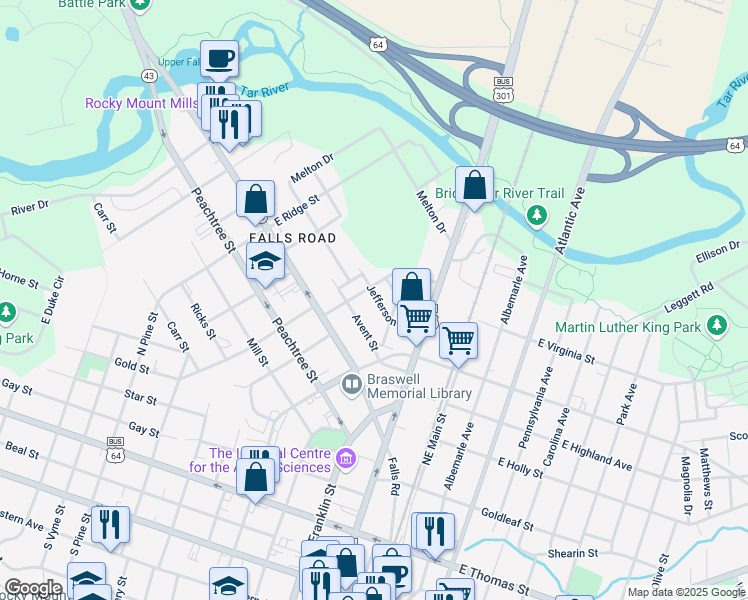 map of restaurants, bars, coffee shops, grocery stores, and more near 528 Jefferson Street in Rocky Mount