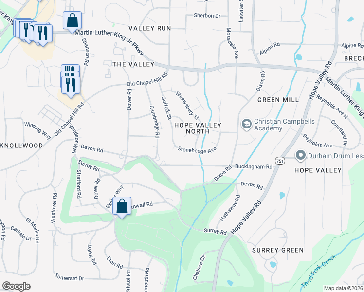 map of restaurants, bars, coffee shops, grocery stores, and more near 1111 Stonehedge Avenue in Durham