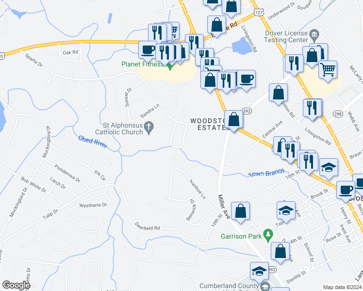 map of restaurants, bars, coffee shops, grocery stores, and more near 103 Town Loop in Crossville
