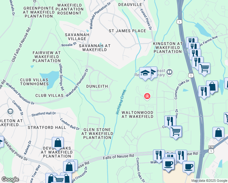 map of restaurants, bars, coffee shops, grocery stores, and more near 12341 Richmond Run Drive in Raleigh