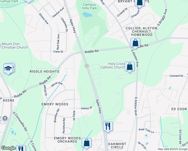 map of restaurants, bars, coffee shops, grocery stores, and more near 1029 Navigon Drive in Durham