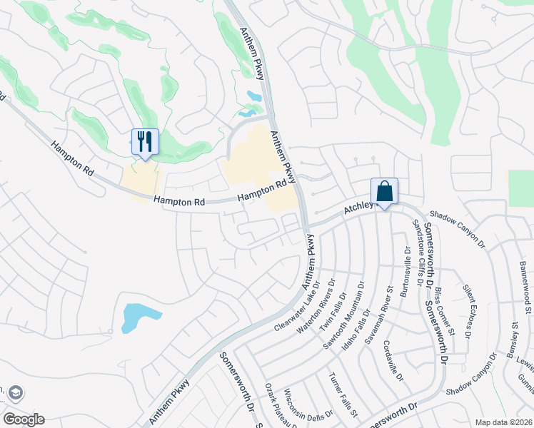 map of restaurants, bars, coffee shops, grocery stores, and more near 2555 Hampton Road in Henderson