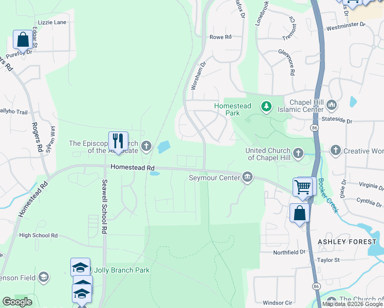 map of restaurants, bars, coffee shops, grocery stores, and more near 112 Rialto Street in Chapel Hill