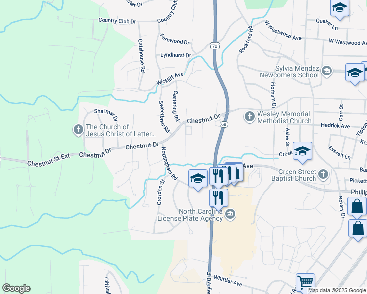 map of restaurants, bars, coffee shops, grocery stores, and more near 1415 Chestnut Drive in High Point