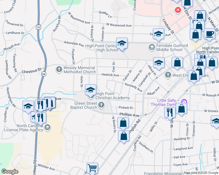 map of restaurants, bars, coffee shops, grocery stores, and more near 710 Kennedy Avenue in High Point