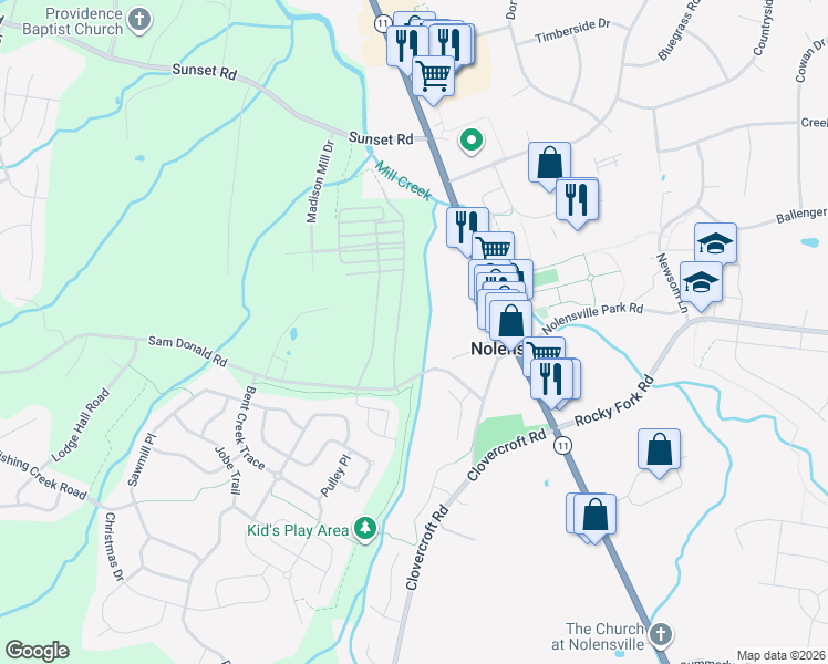 map of restaurants, bars, coffee shops, grocery stores, and more near 9918 Sam Donald Road in Nolensville