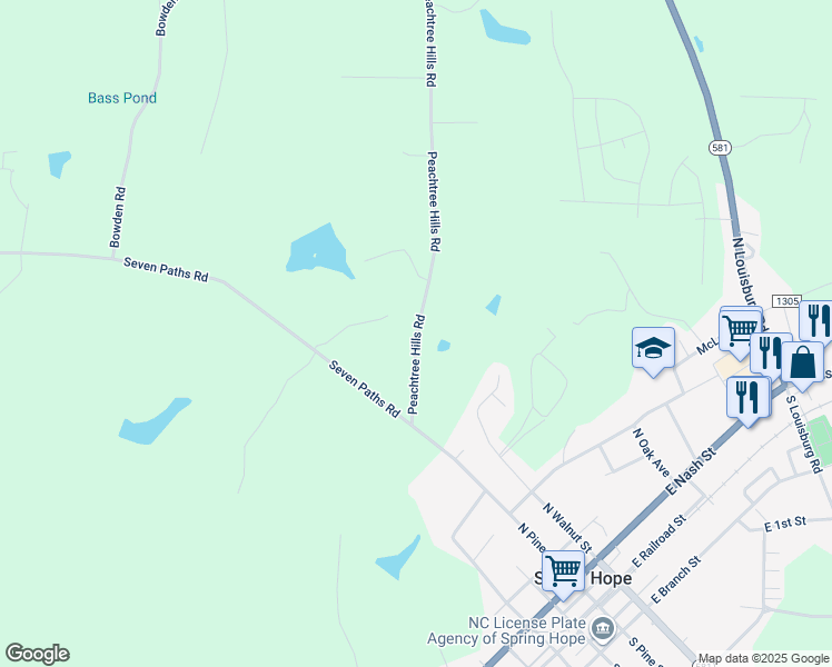 map of restaurants, bars, coffee shops, grocery stores, and more near Peachtree Hills Road in Spring Hope