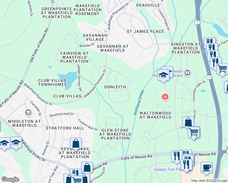 map of restaurants, bars, coffee shops, grocery stores, and more near 12504 Ribbongrass Court in Raleigh