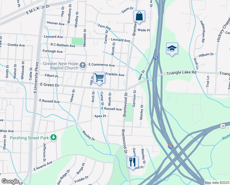 map of restaurants, bars, coffee shops, grocery stores, and more near 2108 East Green Drive in High Point
