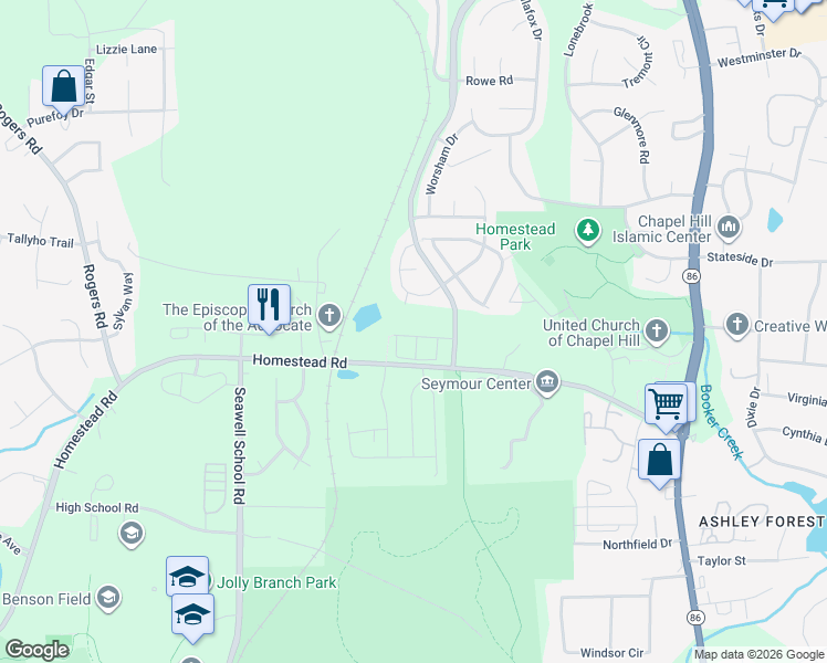 map of restaurants, bars, coffee shops, grocery stores, and more near 124 Rialto Street in Chapel Hill