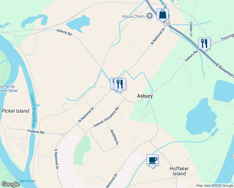 map of restaurants, bars, coffee shops, grocery stores, and more near 2721 Asbury Road in Knoxville