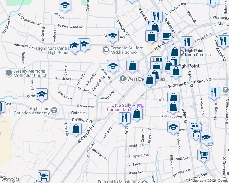 map of restaurants, bars, coffee shops, grocery stores, and more near 915 West English Road in High Point