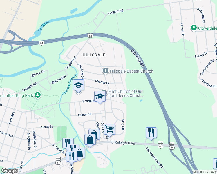 map of restaurants, bars, coffee shops, grocery stores, and more near 1600 Charter Drive in Rocky Mount