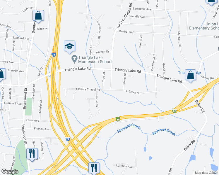 map of restaurants, bars, coffee shops, grocery stores, and more near 1108 Hickory Chapel Road in High Point
