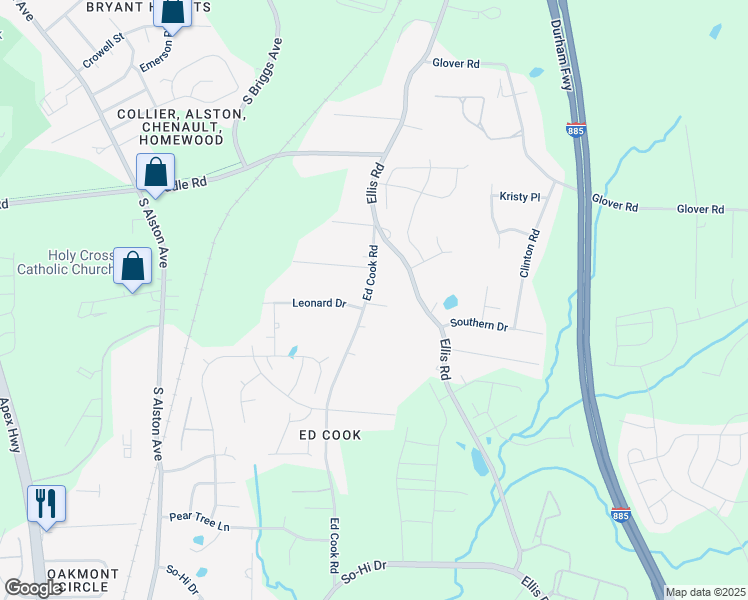 map of restaurants, bars, coffee shops, grocery stores, and more near 1413 Ed Cook Road in Durham