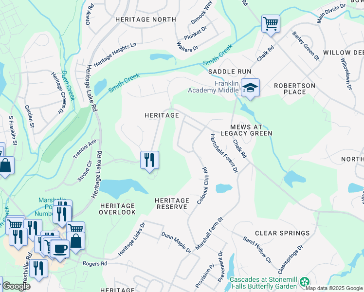 map of restaurants, bars, coffee shops, grocery stores, and more near 1303 FairView Club Drive in Wake Forest