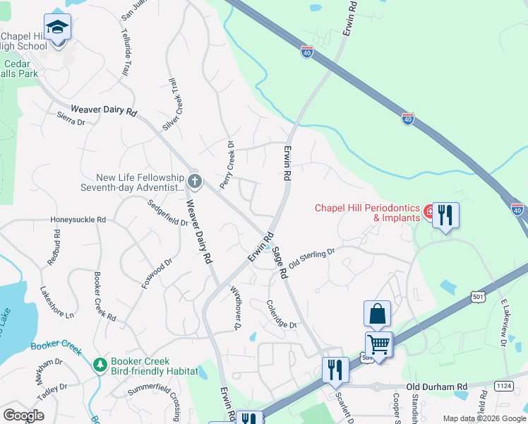 map of restaurants, bars, coffee shops, grocery stores, and more near 200 Covington Drive in Chapel Hill