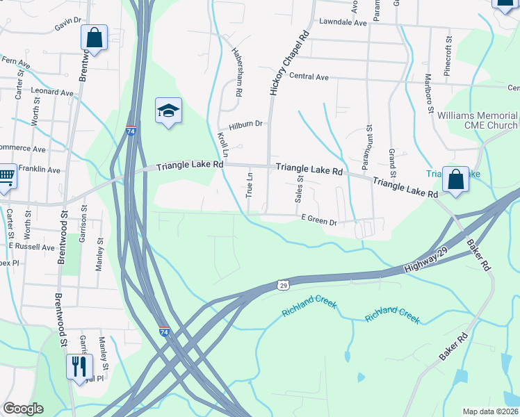 map of restaurants, bars, coffee shops, grocery stores, and more near 1021 True Lane in High Point