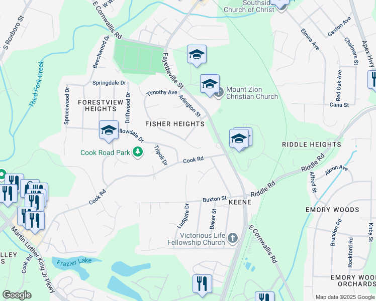 map of restaurants, bars, coffee shops, grocery stores, and more near 3706 4 Seasons Drive in Durham