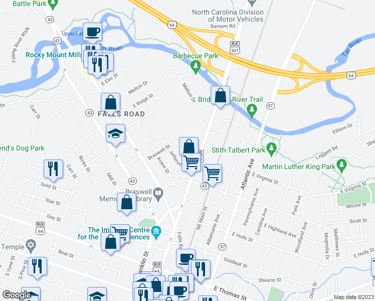 map of restaurants, bars, coffee shops, grocery stores, and more near 222 West Virginia Street in Rocky Mount
