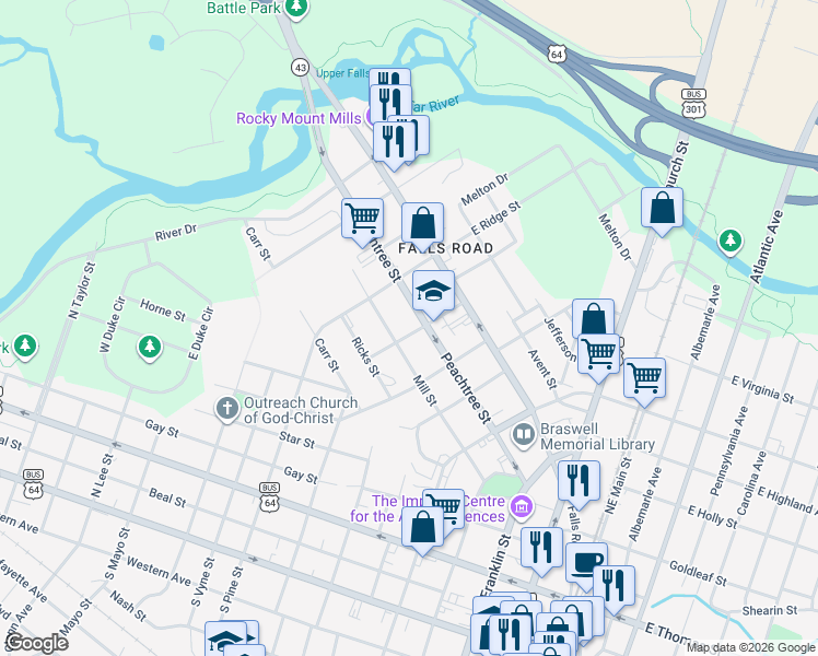 map of restaurants, bars, coffee shops, grocery stores, and more near 811 Peachtree Street in Rocky Mount