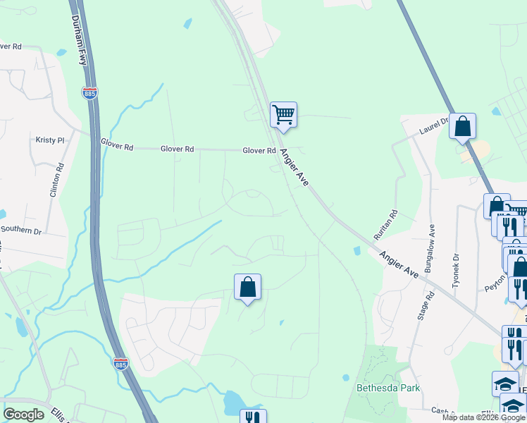 map of restaurants, bars, coffee shops, grocery stores, and more near 3710 Angier Avenue in Durham