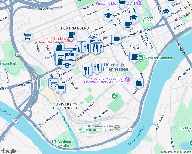 map of restaurants, bars, coffee shops, grocery stores, and more near 1812 Melrose Avenue in Knoxville