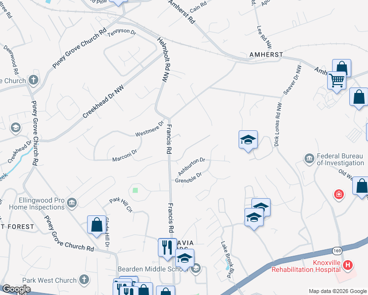 map of restaurants, bars, coffee shops, grocery stores, and more near 1413 Francis Station Drive in Knoxville