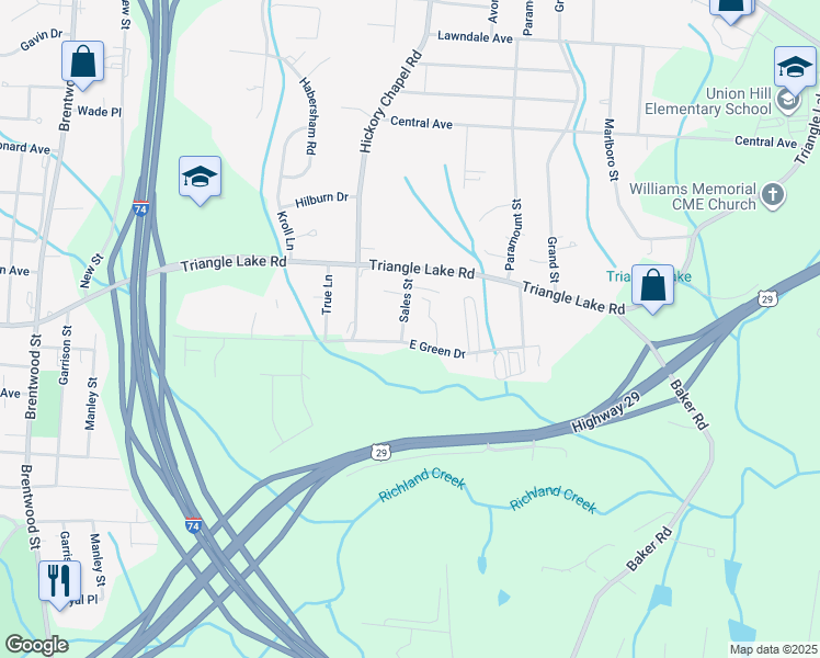 map of restaurants, bars, coffee shops, grocery stores, and more near 1015 Sales Street in High Point