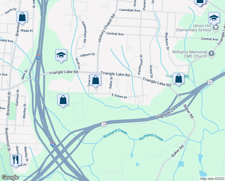 map of restaurants, bars, coffee shops, grocery stores, and more near 1015 Sales Street in High Point