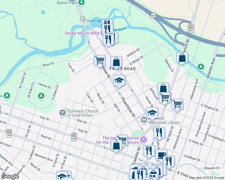 map of restaurants, bars, coffee shops, grocery stores, and more near 811 Peachtree Street in Rocky Mount