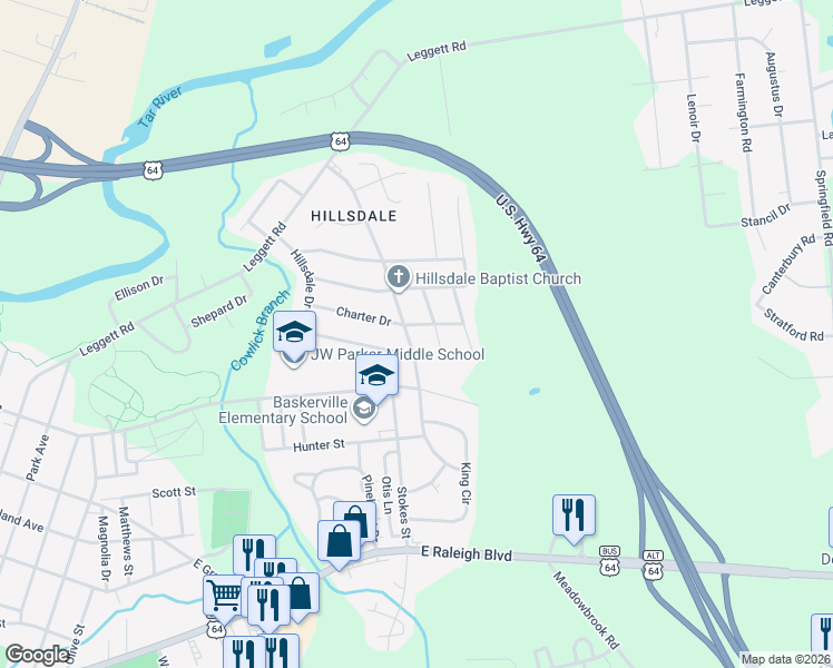 map of restaurants, bars, coffee shops, grocery stores, and more near 1600 Charter Drive in Rocky Mount