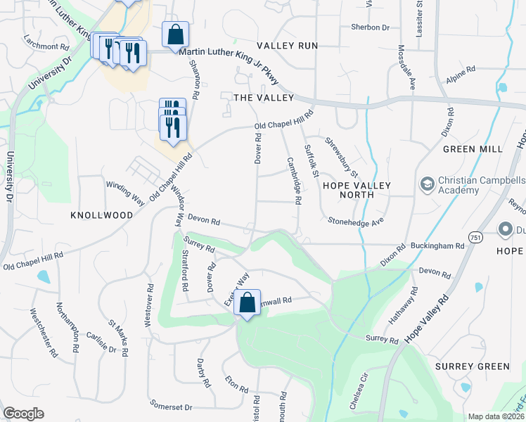 map of restaurants, bars, coffee shops, grocery stores, and more near 3431 Dover Road in Durham