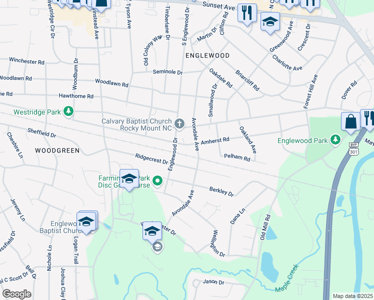 map of restaurants, bars, coffee shops, grocery stores, and more near 3004 Amherst Road in Rocky Mount