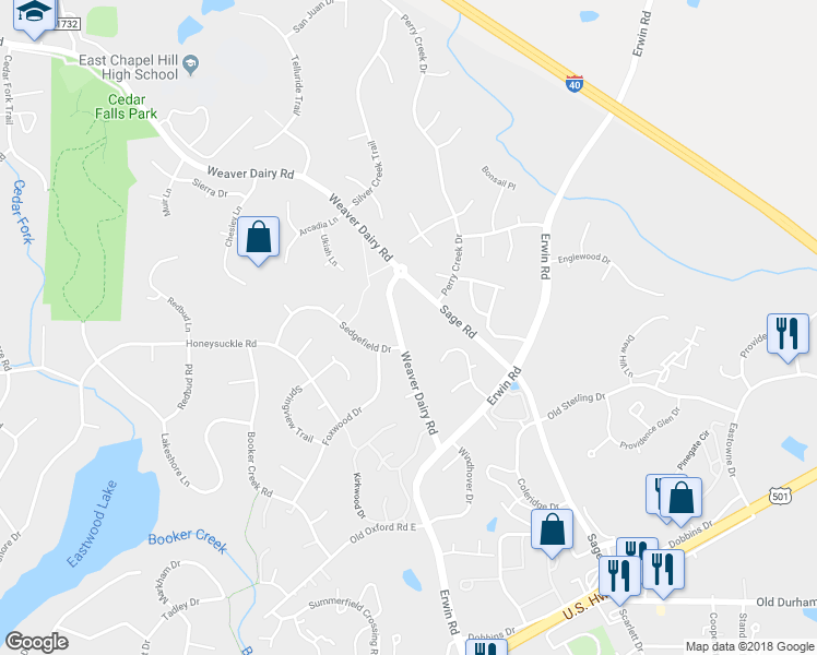 map of restaurants, bars, coffee shops, grocery stores, and more near 160 Weaver Dairy Road in Chapel Hill