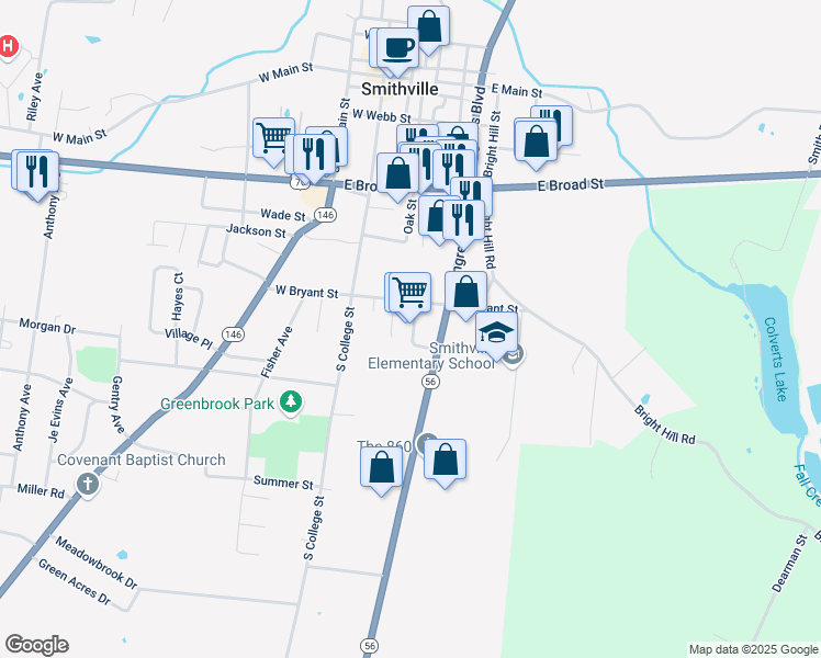map of restaurants, bars, coffee shops, grocery stores, and more near 719 South Congress Boulevard in Smithville