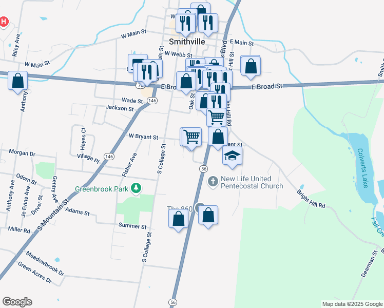 map of restaurants, bars, coffee shops, grocery stores, and more near 719 South Congress Boulevard in Smithville