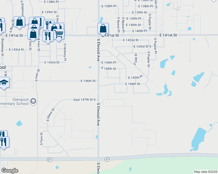 map of restaurants, bars, coffee shops, grocery stores, and more near 1023 East 146th Street in Glenpool